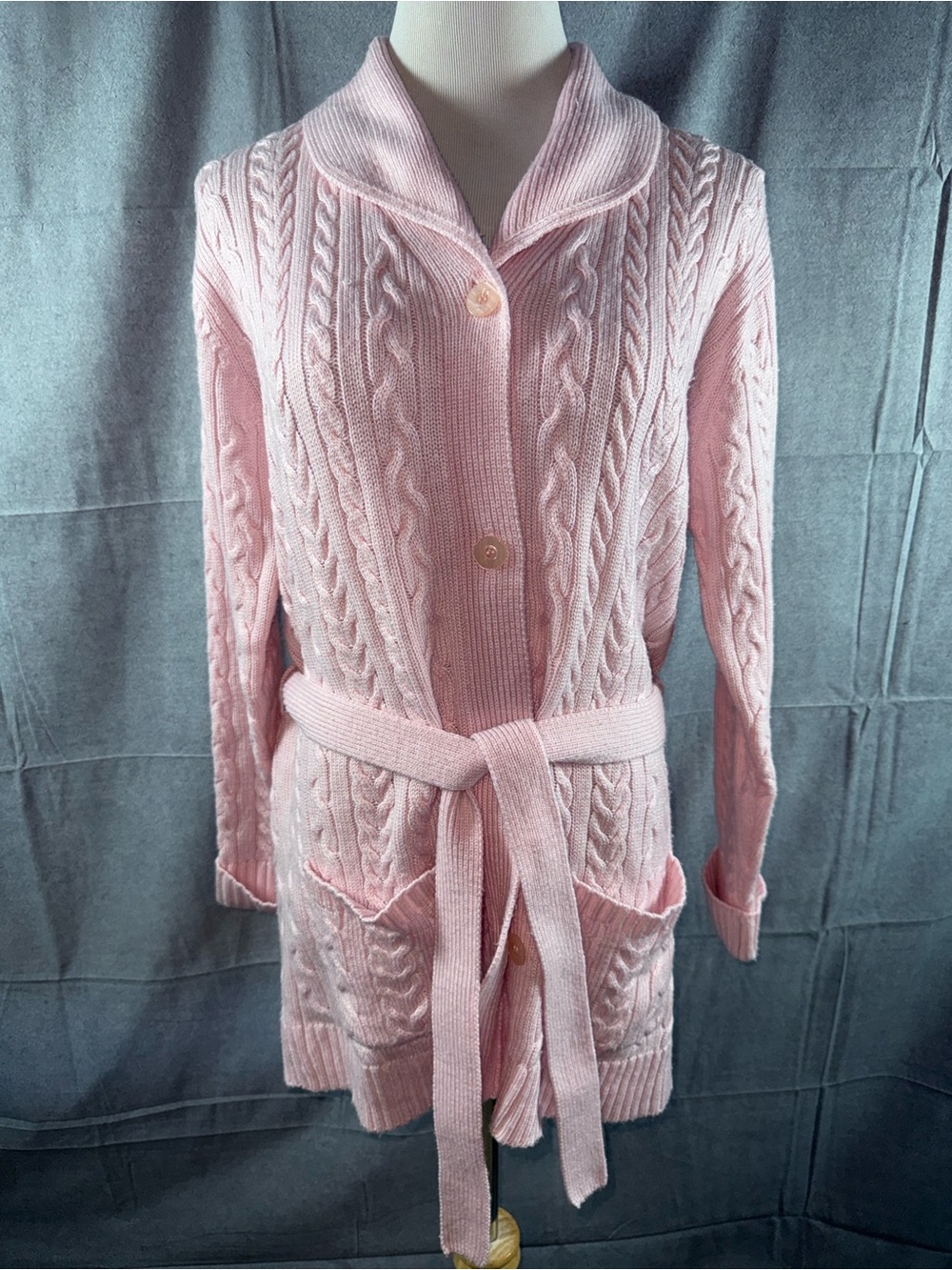 2656-Karen Scott Pink Cable-Knit Belted Robe Cardigan